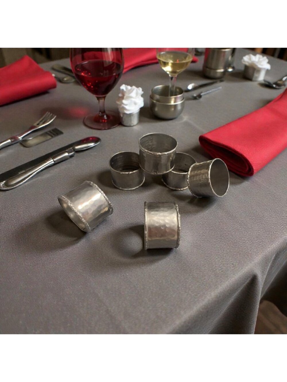 Set of 6 Hammered Silver Tone Metal Napkin Rings Farmhouse Table Decor
